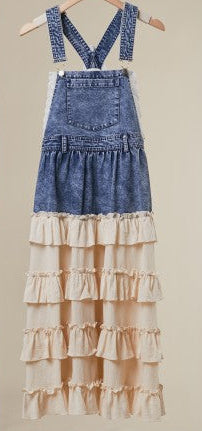 Boho Denim Overall dress With tiered Ruffle Skirt