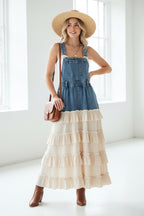 Boho Denim Overall dress With tiered Ruffle Skirt
