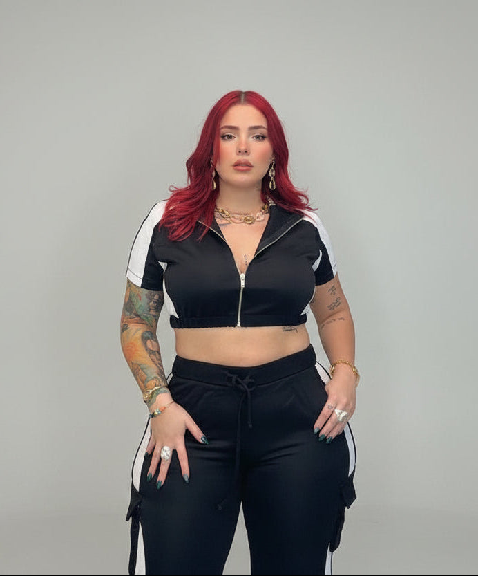 Color block crop Top and cargo pants set
