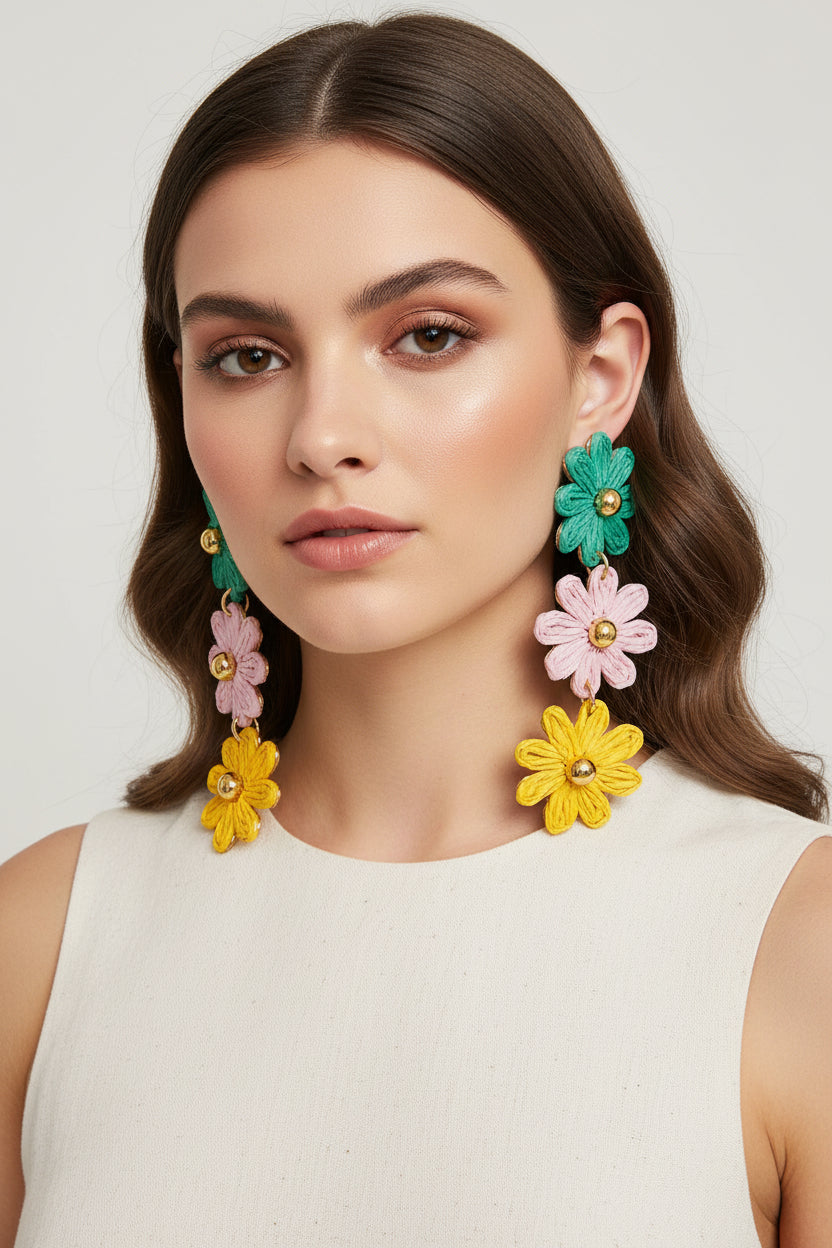 Colorful Braided Flower Chain Dangle Earrings