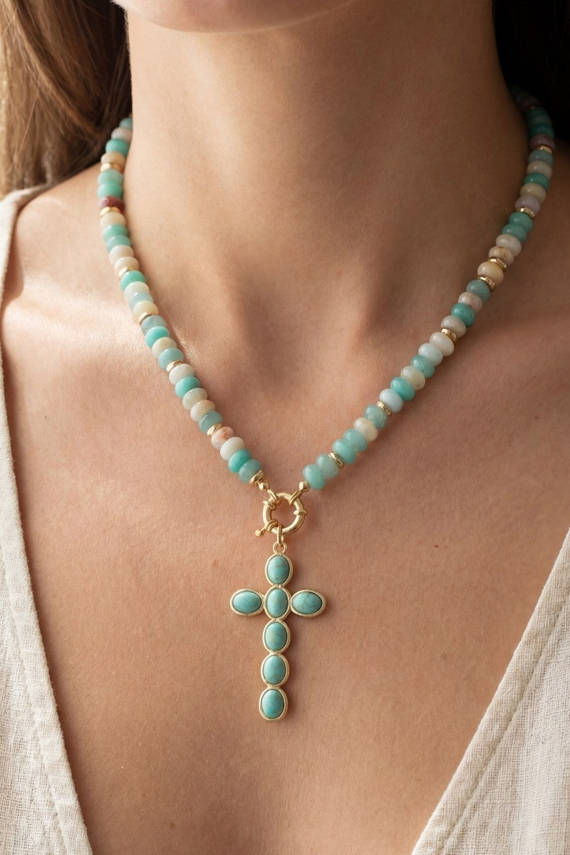 Semi Precious Stone Cross Pendant Necklace