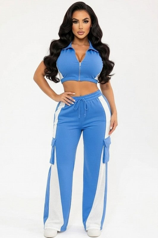 Color block crop Top and cargo pants set
