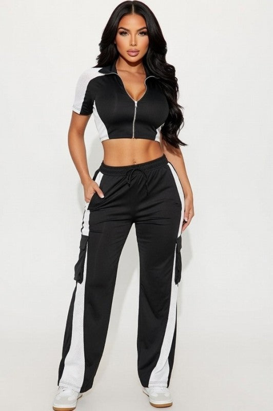 Color block crop Top and cargo pants set