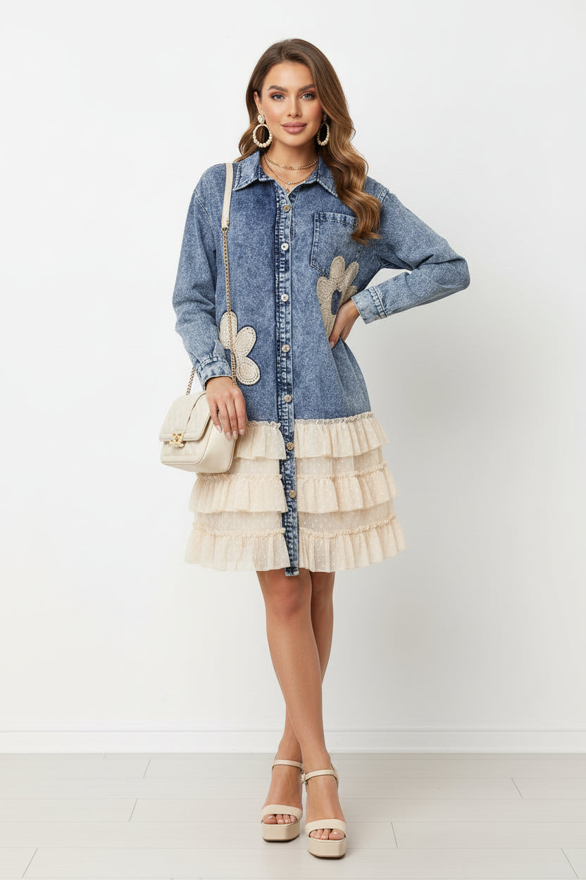 Boho Chic Denim shirt Patch with lace ruffle