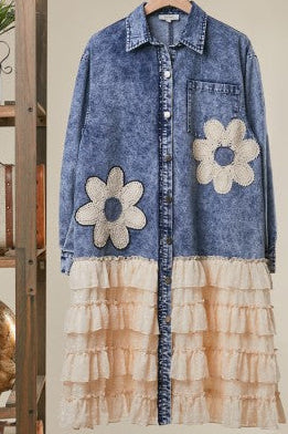 Boho Chic Denim shirt Patch with lace ruffle