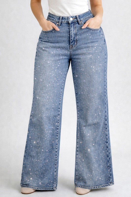 Hight Rise Amalfi denim (stretchy wide leg With Rhinestones)