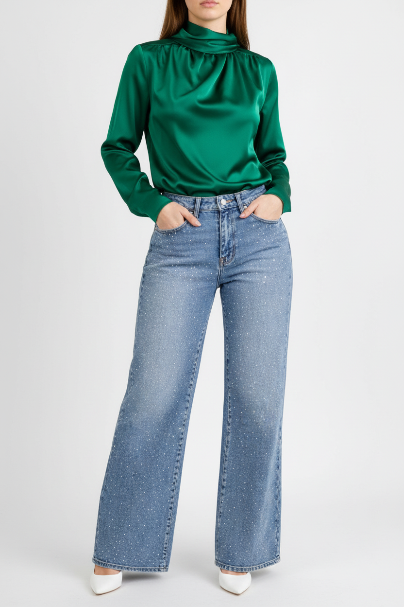 Hight Rise Amalfi denim (stretchy wide leg With Rhinestones)