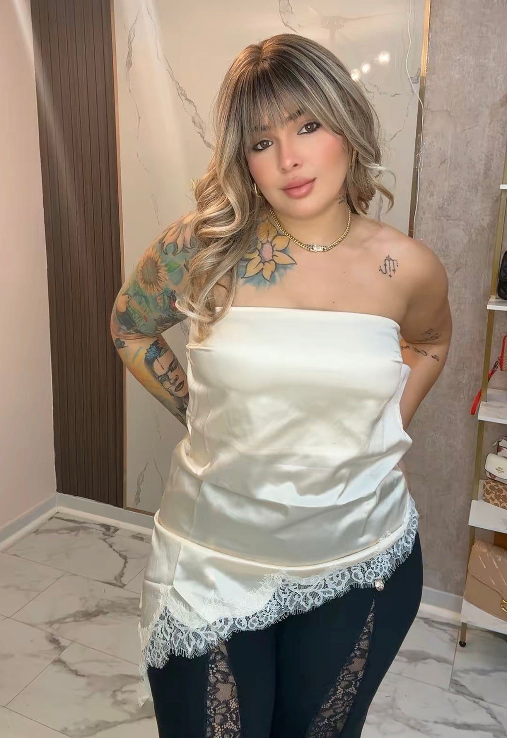 Staples satin lace Trim Top
